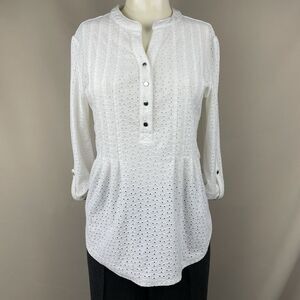 Cocomo Eyelet 3/4 Sleeve Blouse Medium White Pleated  Button Front Preppy Office
